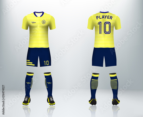 3D realistic mock up of front and back of soccer jersey shirt. Concept for yellow soccer team uniform or football apparel mockup design in vector illustration.