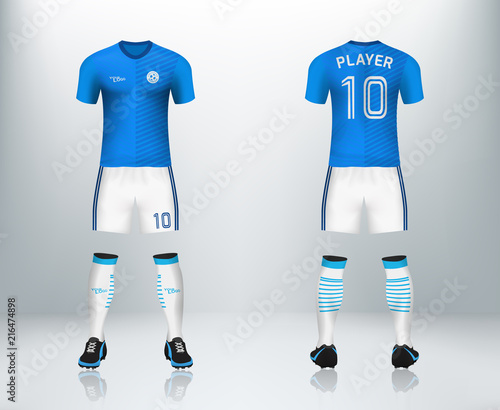 3D realistic mock up of front and back of soccer jersey shirt. Concept for blue soccer team uniform or football apparel mockup design in vector illustration.