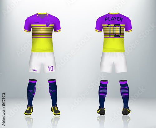 3D realistic mock up of front and back of soccer jersey shirt. Concept for yellow soccer team uniform or football apparel mockup design in vector illustration.