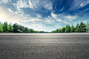 Asphalt road and green forest landscape under the blue sky