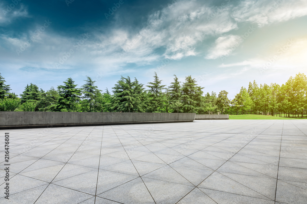 Empty square floor and green trees natural landscape Empty square floor and green trees natural landscape