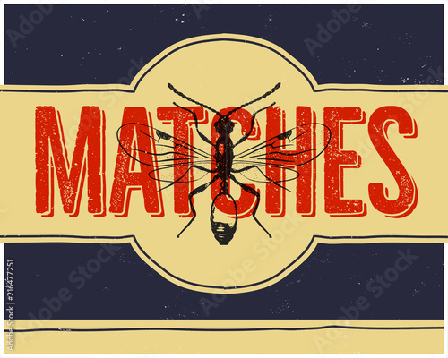 Matchbox design and matches with insect in retro style. Top view. Vintage habd drawn illustration. Stock vector