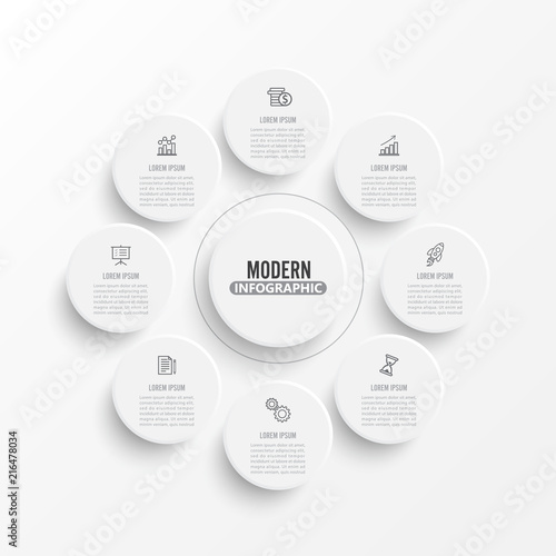 Vector infographic template with 3D paper label, integrated circles. Business concept with 8 options. For content, diagram, flowchart, steps, parts, timeline infographics.