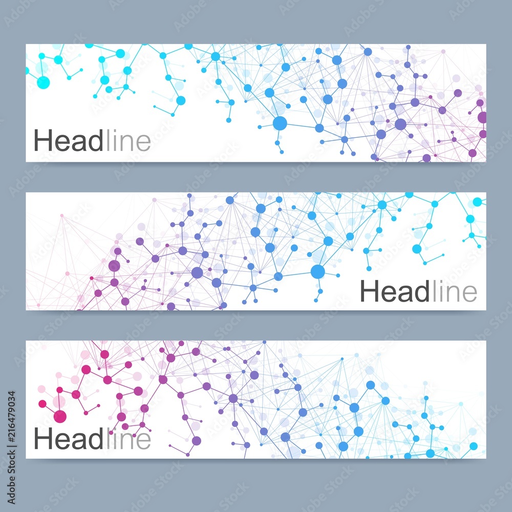 Fototapeta premium Scientific set of modern vector banners. DNA molecule structure with connected lines and dots. Science vector background. Medical, tecnology, chemistry design.