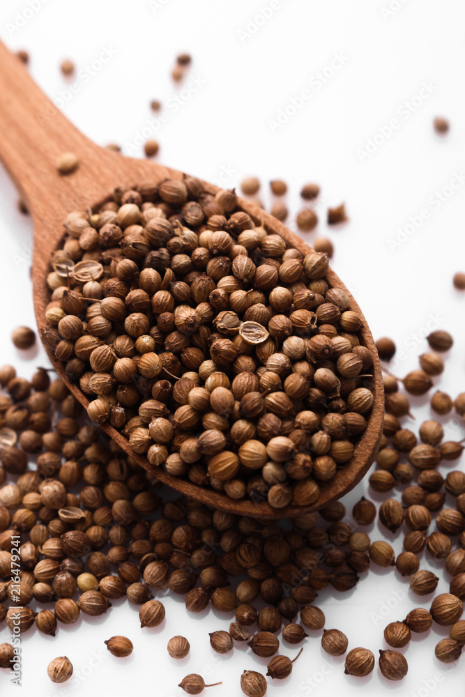 coriander seeds on a white background, essential oil coriander seeds on a white background, essential oil