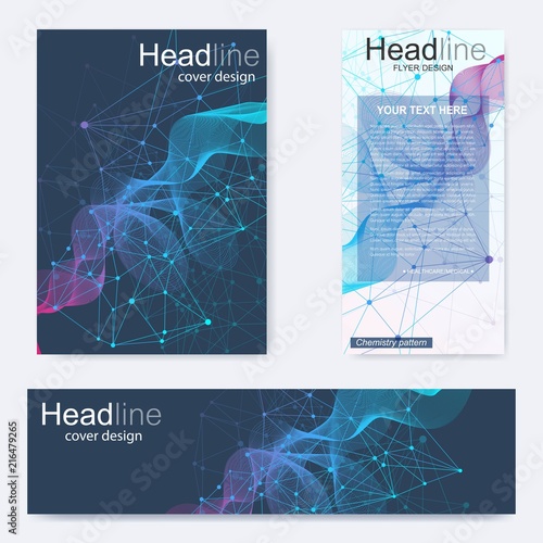 Set flyer, brochure size A4 template,banner. Molecular structure with connected lines and dots. Scientific pattern atom DNA with elements for magazine, leaflet, cover, poster design.