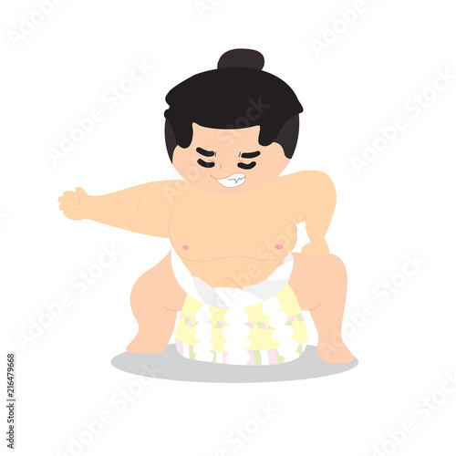Japanese sumo wrestler mascot on white background. Cute character design. Flat style. Cartoon vector illustration. 
