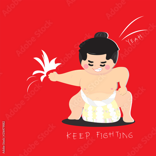 Japanese sumo wrestler mascot on red background. Cute character design. Flat style. Cartoon vector illustration. 