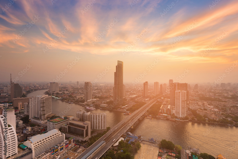 Fototapeta premium Beautiful after sunset sky Bangkok city skyline river front, Thailand