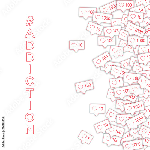 Social media icons. Social media addiction concept. Falling pink like counter. Scatter right gradien