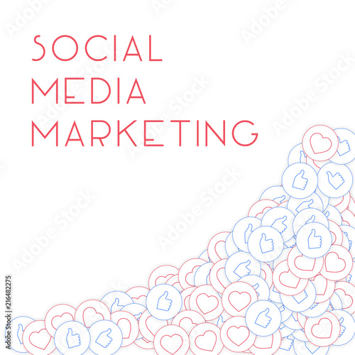 Social media icons. Social media marketing concept. Falling scattered thumbs up hearts. Bottom right