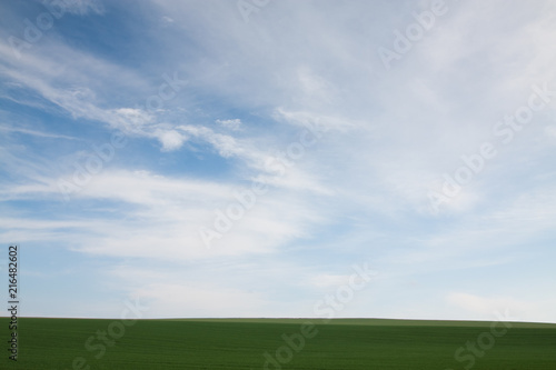 Minimal landscape width green meadow against the cloudy sky