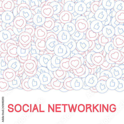 Social media icons. Social networking concept. Falling scattered thumbs up hearts. Top gradient squa