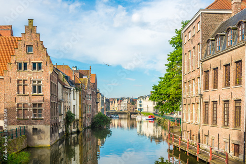 The banks of Leie River with typical buildings in Ghent - Belgium