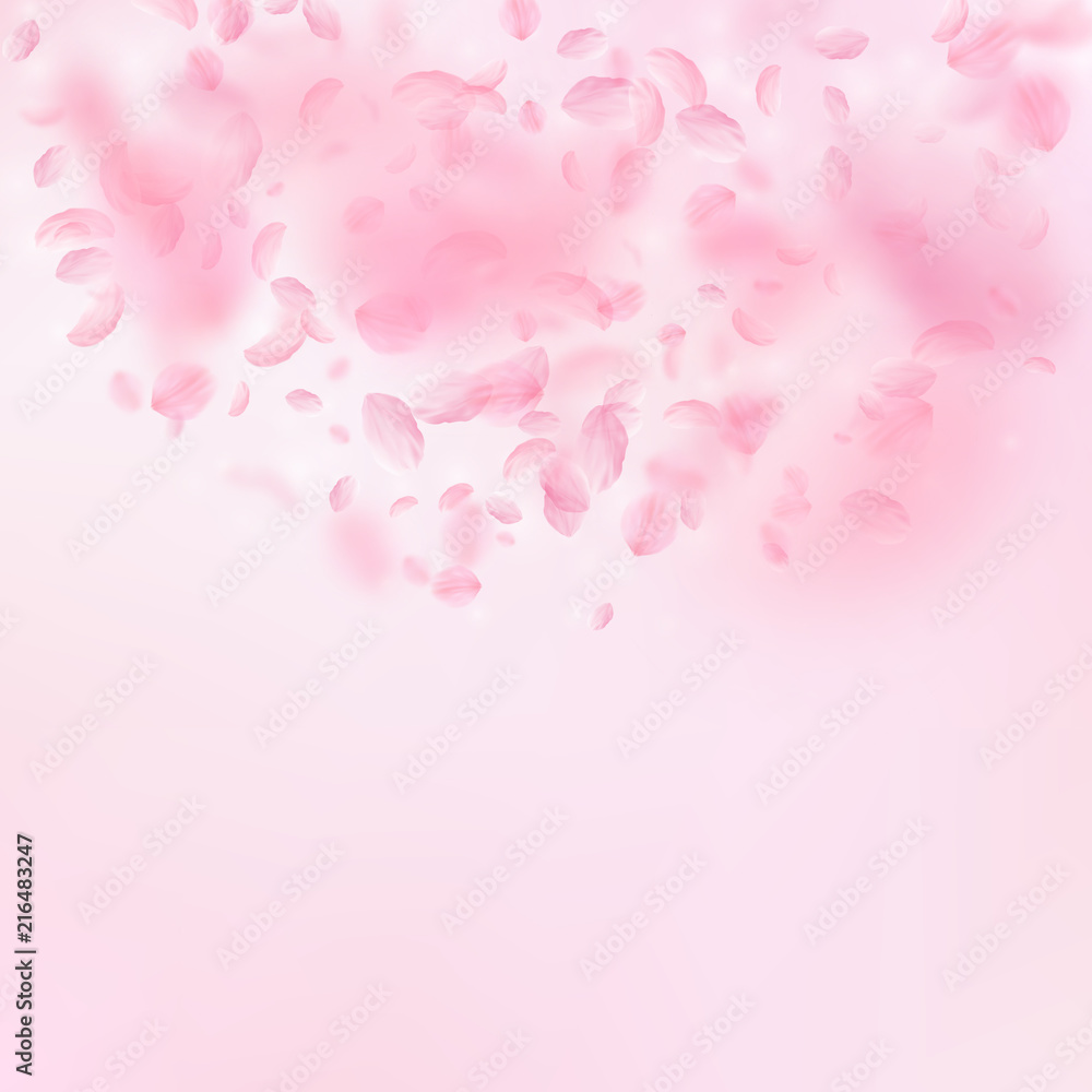 Sakura petals falling down. Romantic pink flowers semicircle. Flying petals on pink square backgroun