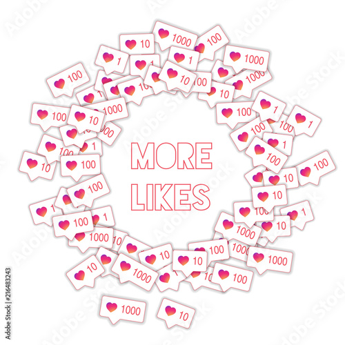 Social media icons. Social media marketing concept. Falling gradient like counter. Round scattered f