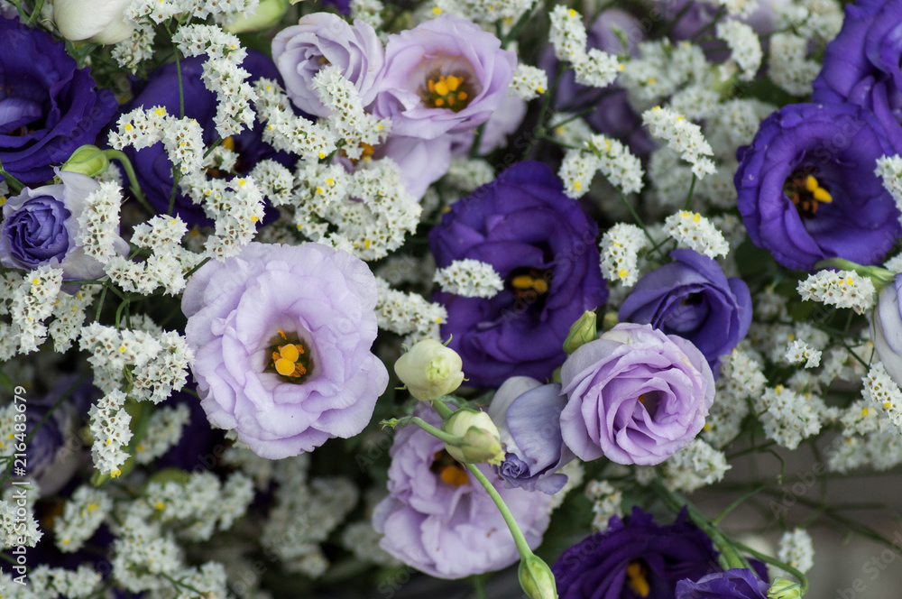 closeup of purple lisiantus bouquet at the florist