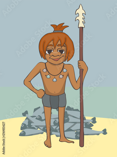 cartoon primitive boy with harpoon and bunch of caught fish