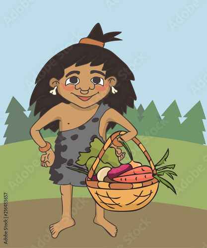 cartoon primitive girl with vegetable basket