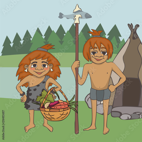 foraging at prehistory vector cartoon