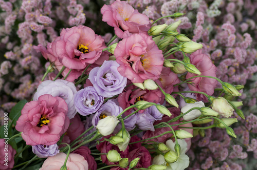 closeup of pink lisiantus bouquet at the florist