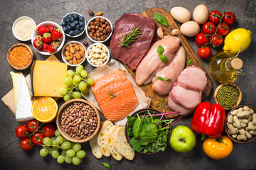Balanced diet food background. 