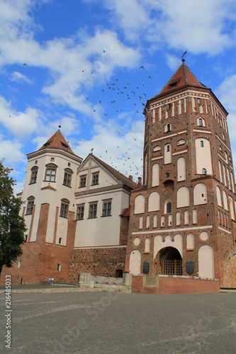 a flock of birds soars into the blue sky above the towers of the castle of red brick