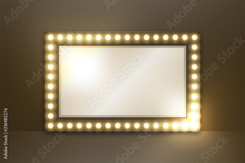 Mirror with Incandescent light bulb box frame rectangle shape set, illustration retro 3D style isolated glow in dark background with copy space, vector eps 10