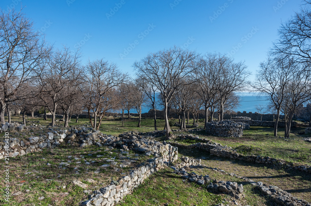 Courtyard of medieval castle of Platamonas. It is a Crusader castle in northern Greece and is located southeast of Mount Olympus. Pieria - Greece Courtyard of medieval castle of Platamonas. It is a Crusader castle in northern Greece and is located southeast of Mount Olympus. Pieria - Greece