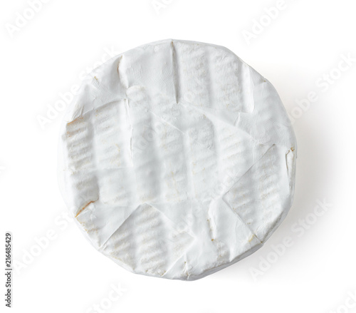 Camembert cheese isolated on white, from above