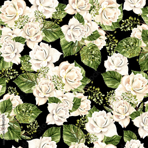 Beautiful  watercolor pattern with white roses and leaves.