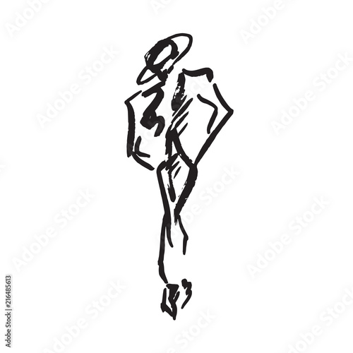 Abstract free unisex model in hat and jacket (toreador style), hand drawn ink doodle, sketch, outline black and white vector fashion illustration