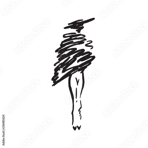 Abstract free model in hat and short fur coat, hand drawn ink  doodle, sketch, outline black and white vector fashion illustration