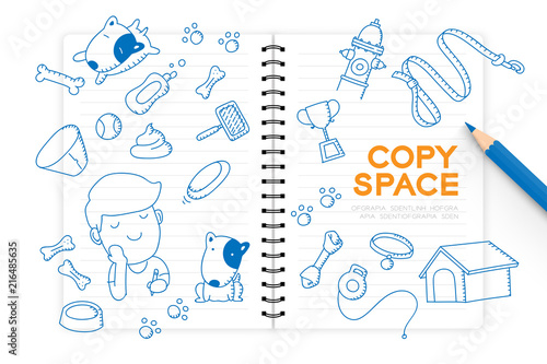 Notebook with kid boy hand drawing set, Imagine of Future Occupation "Dog groomer shop" concept idea illustration blue color isolated on white background, with copy space
