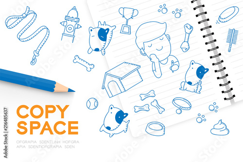 Notebook with kid boy hand drawing set, Imagine of Future Occupation "Dog groomer shop" concept idea illustration blue color isolated on white background, with copy space