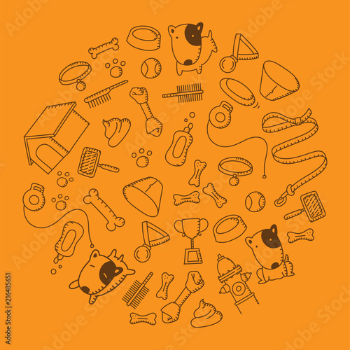 Dog and equipment kids hand drawing set pattern background circle shape illustration brown color isolated on orange background