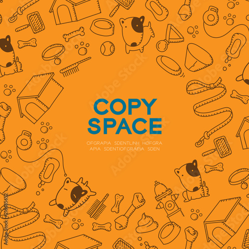 Dog and equipment kids hand drawing set pattern background illustration brown color isolated on orange background, with center copy space circle shape