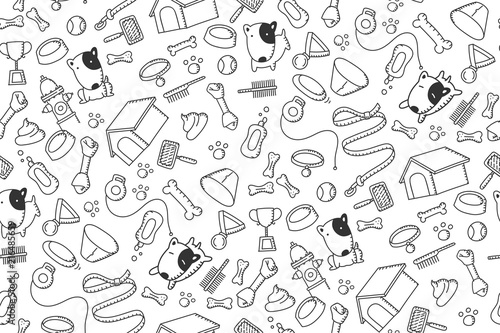 Seamless pattern background Dog and equipment kids hand drawing set illustration black color isolated on white background