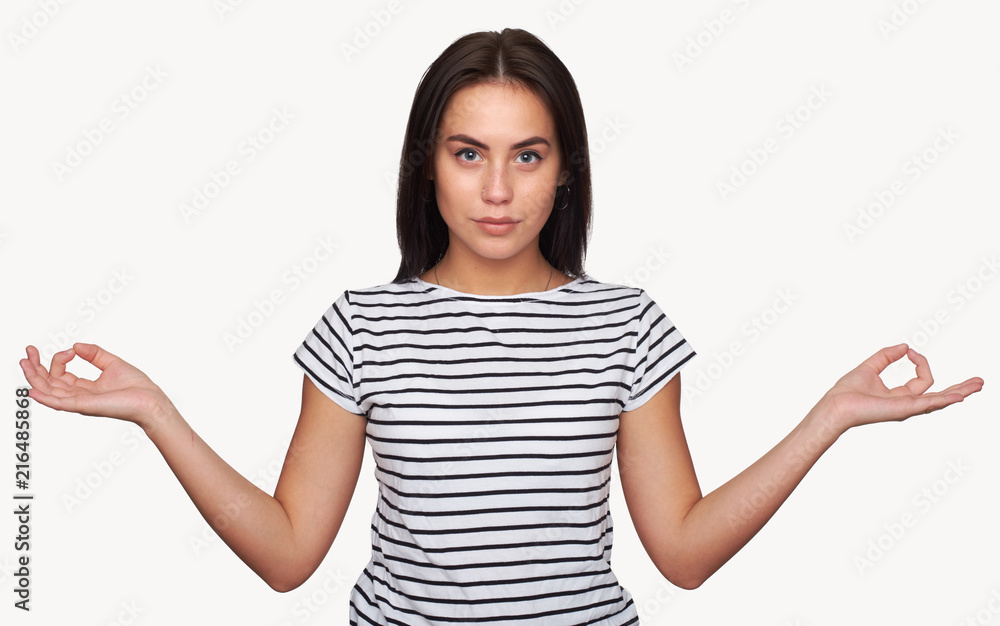 pretty young girl is trying to calm herself pretty young girl is trying to calm herself