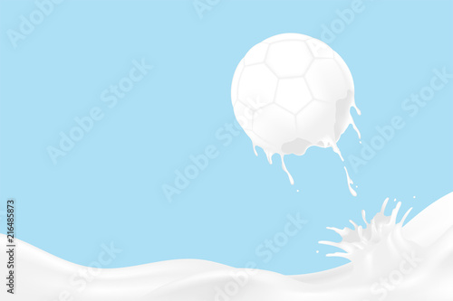 Milk splash Soccer ball shape, World Milk Day concept 3D virtual design illustration isolated on blue background with copy space, vector eps 10