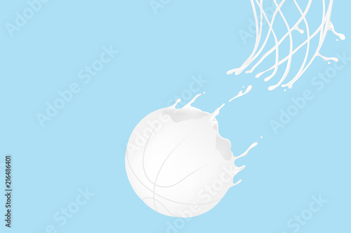 Milk splash Basketball and hoop shape, World Milk Day concept 3D virtual design illustration isolated on blue background with copy space, vector eps 10