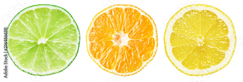 Lime, Orange, lemon. Slices of citrus fruits. Isolated
