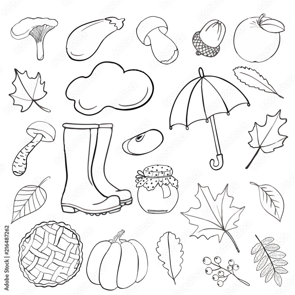 Set of hand drawn doodle elements about autumn. Cozy fall collection of drawings, outline vector drawing Set of hand drawn doodle elements about autumn. Cozy fall collection of drawings, outline vector drawing