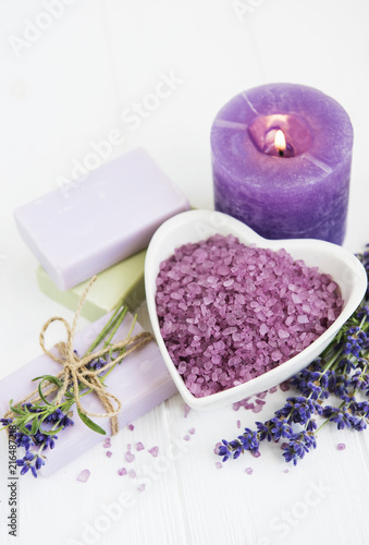 Heart-shaped bowl with sea salt  soap and fresh lavender flowers