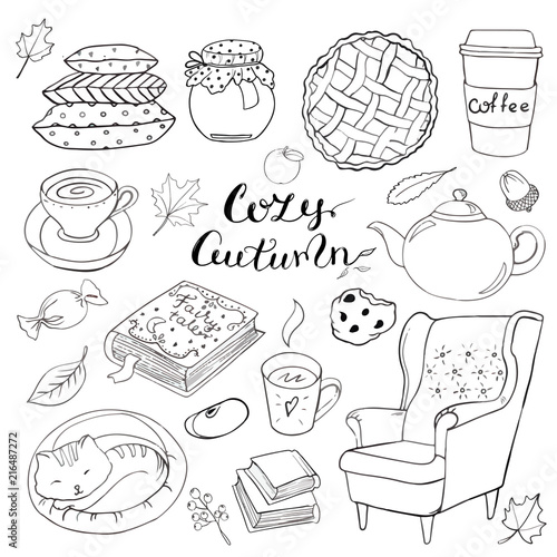 Set of hand drawn doodle elements about autumn. Cozy fall collection of drawings, outline vector drawing photo