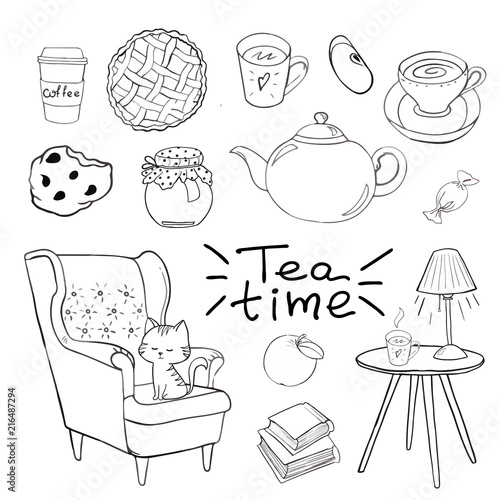 Cozy room, tea time Vector outlined set. Cozy home things like tea, cat, chair, pillows, books, apple pie and other Danish happiness concept