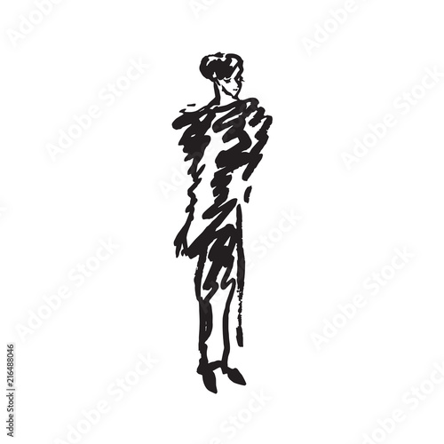 Abstract free fashion model in fluffy fur coat hand drawn ink doodle, sketch, outline black and white vector fashion illustration