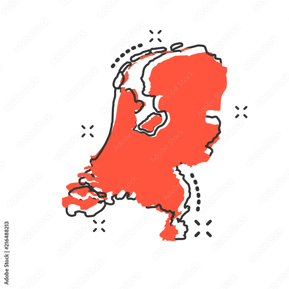 Vector cartoon Netherlands map icon in comic style. Netherlands sign illustration pictogram. Cartography map business splash effect concept.