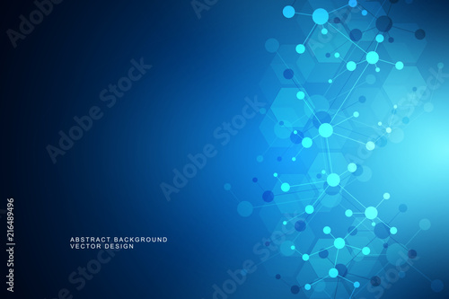 Molecular structure background and communication. Abstract background from molecule DNA. Medical, science and digital technology concept with connected lines and dots.