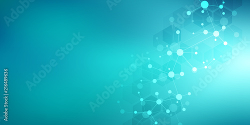 Molecular structure background and communication. Abstract background from molecule DNA. Medical, science and digital technology concept with connected lines and dots.
